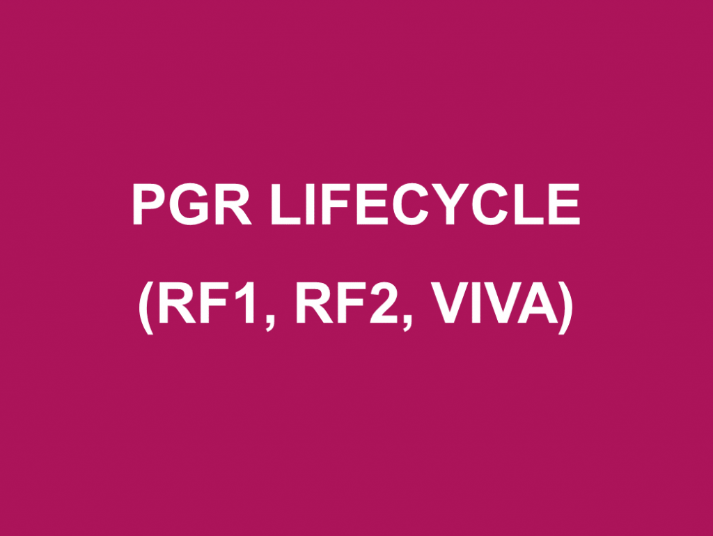 Link to resources on the PGR lifecycle (Rf1, RF2 and viva). 